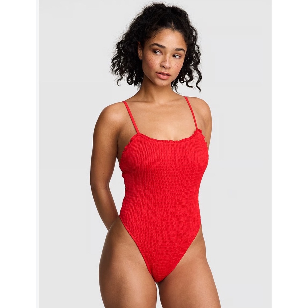 Victorias Secret PINK Reign One Piece Swimsuit Smocked Red High Cut Large